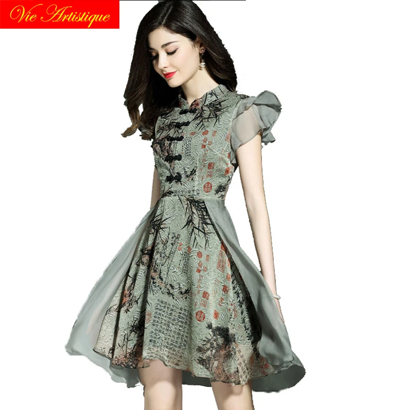 Cheongsam Шелковый цветочный ретро boho Платье Лето роковой ете 2018 Макси женские