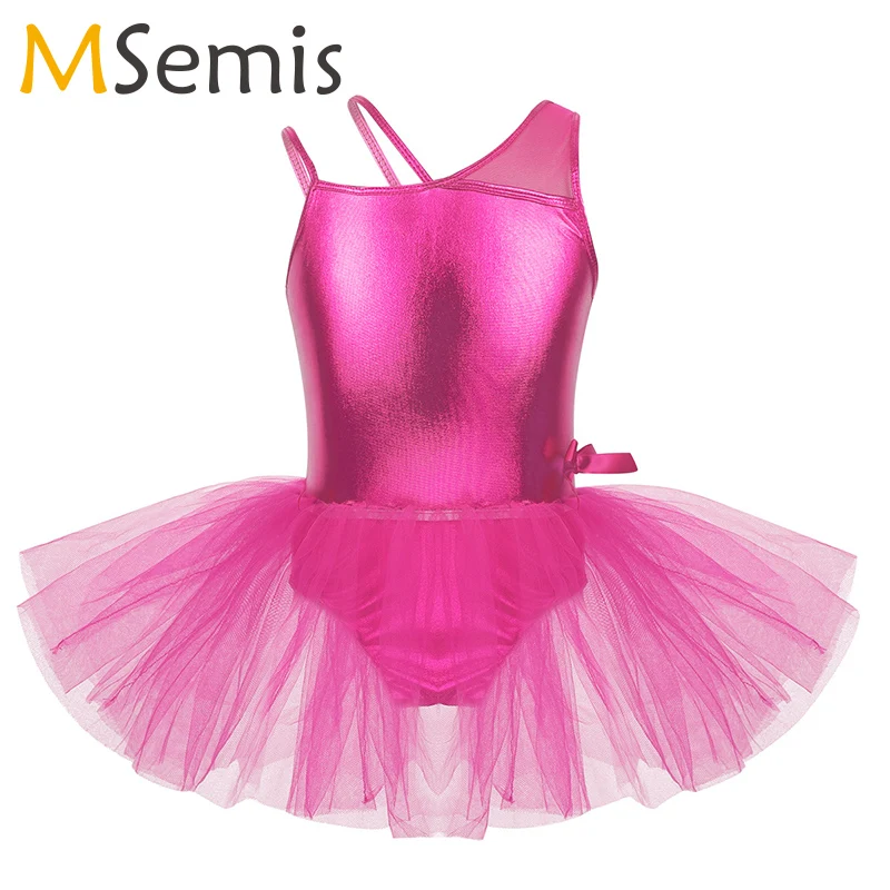 

Kids Girls Ballet Dress Gymnastics Leotard Girls Ballet Tutu Dance Dress One-piece Glossy One Shoulder with Mesh Splice Bowknot