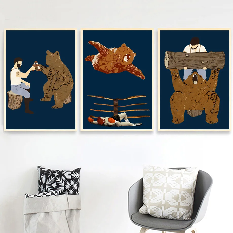 Забавные Животные медведь человек бокс стены искусства холст картины плакаты и