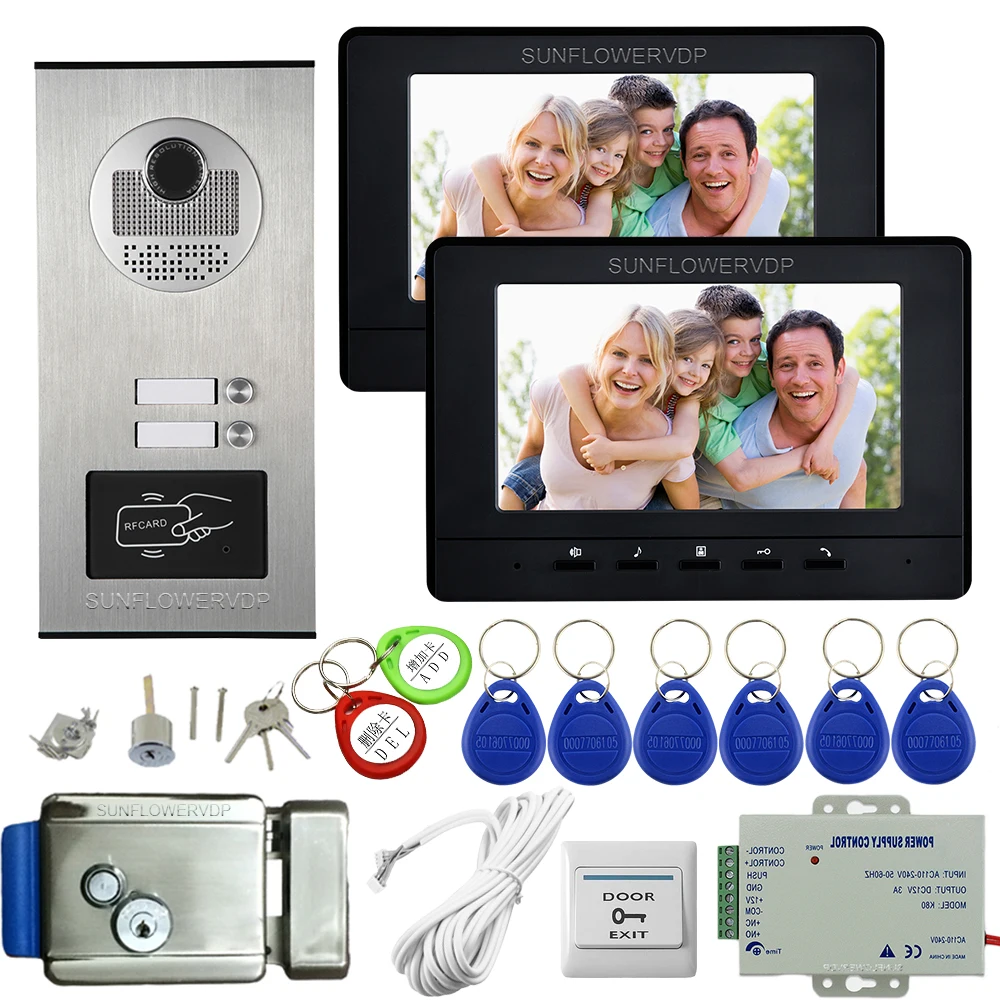 7Inch Kleuren Monitor Zwart/Wit Video Intercom Systeem Rfid Video Deurbel Voor 2 Appartementen Video Intercom + Elektronische deurslot