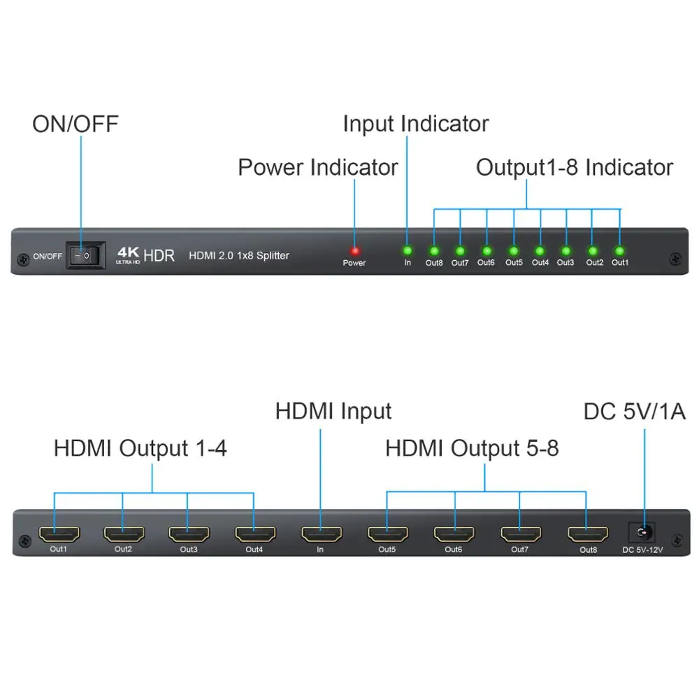 Алюминиевый HDMI 2 0 сплиттер 1 в 8 Выход распределение Усилитель Поддержка 4 к/60 Гц YUV