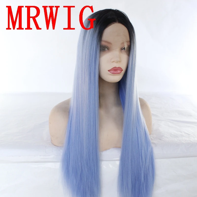 MRWIG 26in 150% Плотность средняя часть Омбре синий два тона Синтетический прямой парик