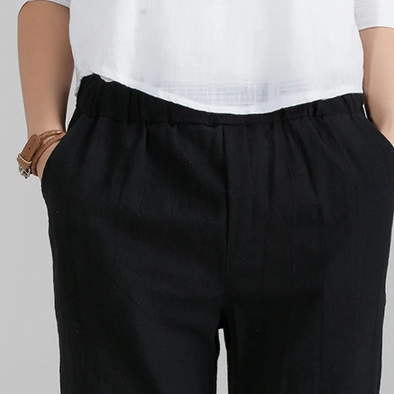 Женские льняные брюки с эластичной резинкой на талии однотонные большие размеры