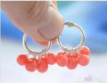 jewerly free shipping S1580 6 mm naturelle rose corail ronde dangle boucle d'oreille 925 argent