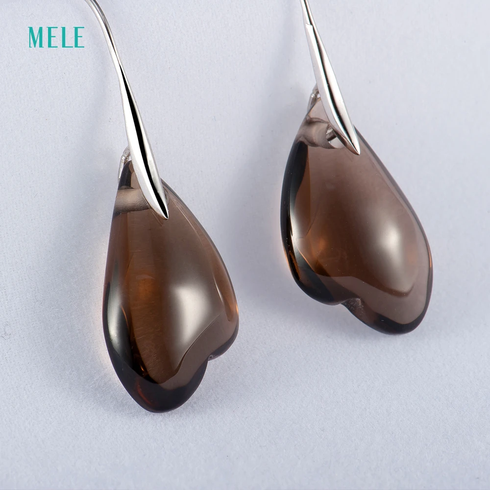 Горячая распродажа! Серьги из серебра с натуральными дымчатыми кварцами 14 мм * 24