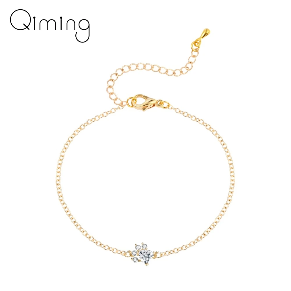 Женский браслет QIAMNI милый с кристаллами котом собакой щенком отпечаток лапы