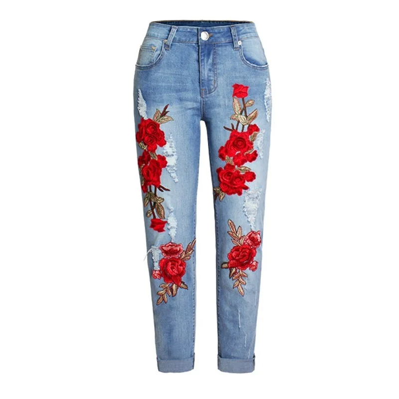 Женские джинсы с вышивкой Mom jeans в Корейском стиле розами модель 2018 года TA910| |