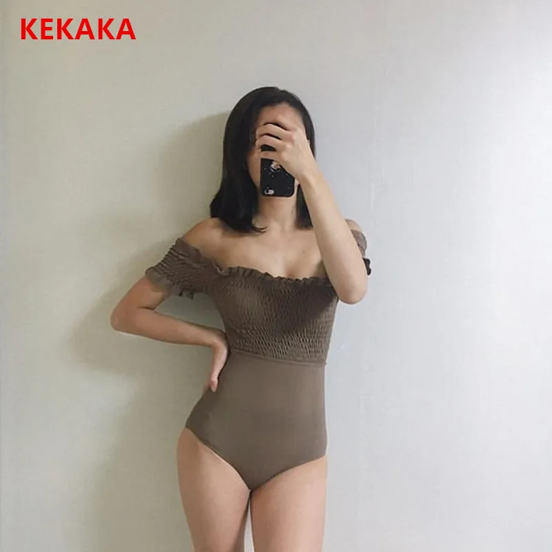 Женский купальник с открытыми плечами KEKAKA однотонный кофейный черный в