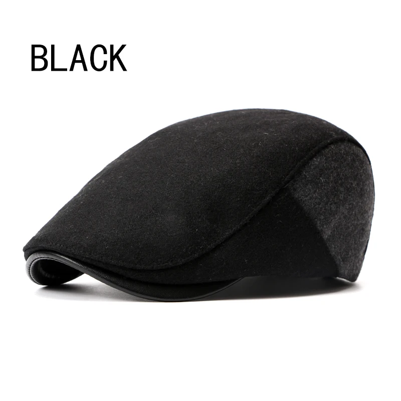 BLACK Осенне-зимние береты для мужчин, повседневные шерстяные шапки, Классические однотонные береты для мужчин и женщин, британский стиль, кепки с козырьком, плоская кепка для взрослых - Цвет: BLACK