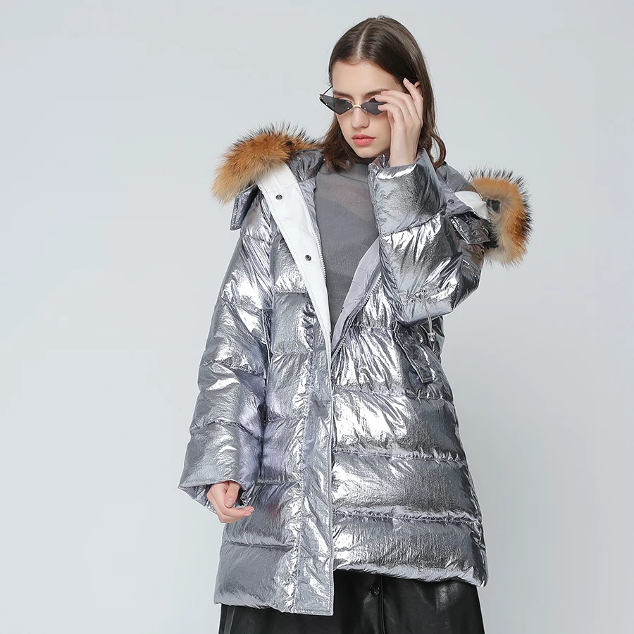 OFTBUY, серебристая парка, Длинные парки, зимняя куртка, Женское пальто из натурального меха, натуральный мех енота, утиный пух, пальто, Толстая теплая уличная одежда, бренд