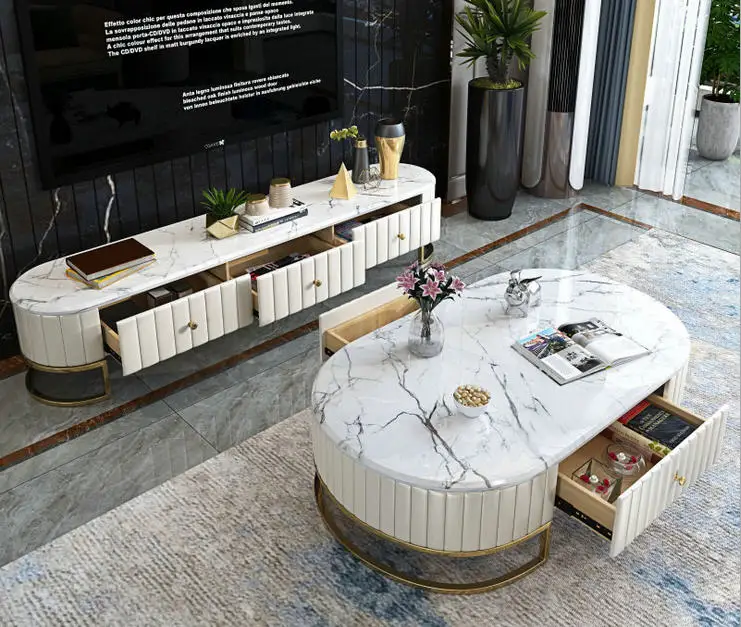 Чайный столик bluek/white гостиная ТВ монитор Мраморная кожа овальный край шкафа
