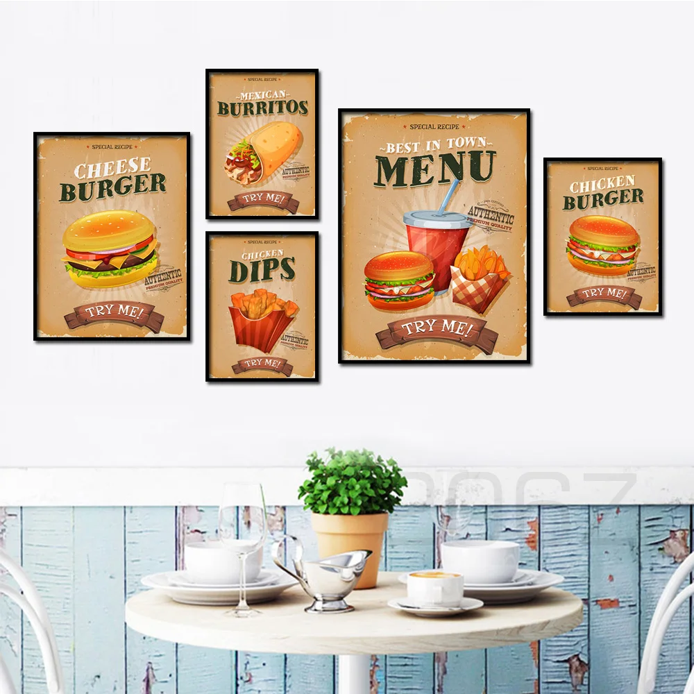

Burger Burritos Chicken Dips Snack Bar Nordic Posters and Prints Wall Art Canvas Painting Wall Pictures Kitchen Restaurant Decor