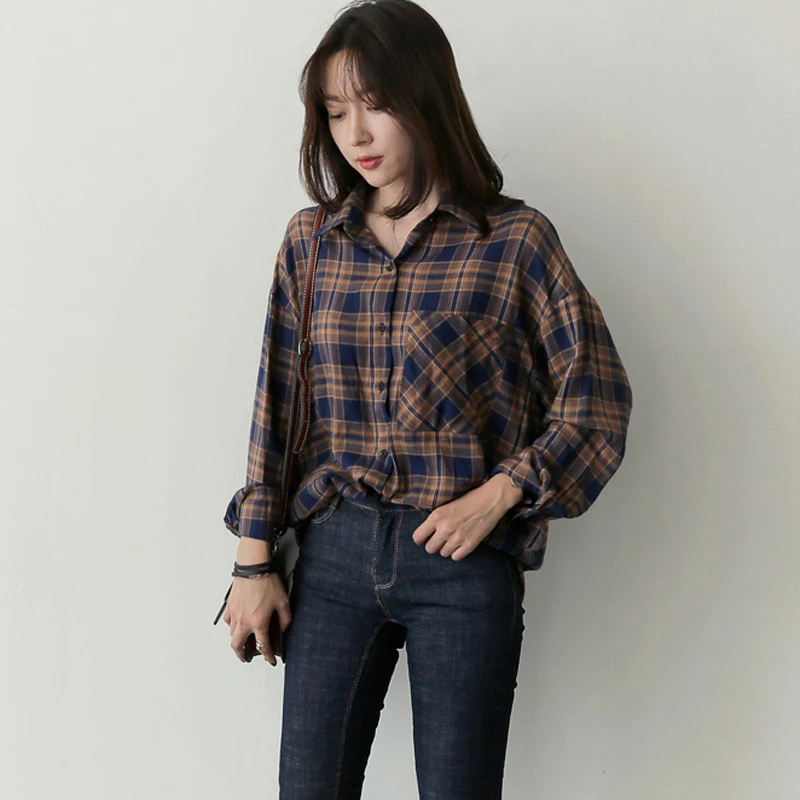 Блуза в клетку рубашка с длинным рукавом женские блузки рубашки blusas mujer de moda 2019