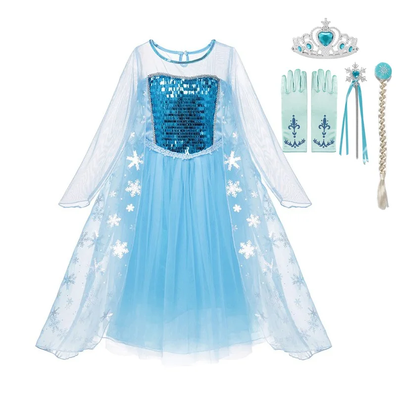 Long Elsa Wig Gloves Платье для девочек; летнее платье принцессы Эльзы; Одежда для девочек; Детский костюм Снежной королевы с блестками; костюм Эльзы для костюмированной вечеринки; Фэнтези - Цвет: Long Elsa Wig Gloves