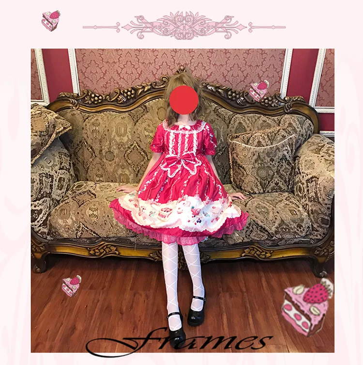 

summer lolita dress kawaii girl lace bowknot printing Strawberry cake victorian dress elegant loli op vestido lolita cos