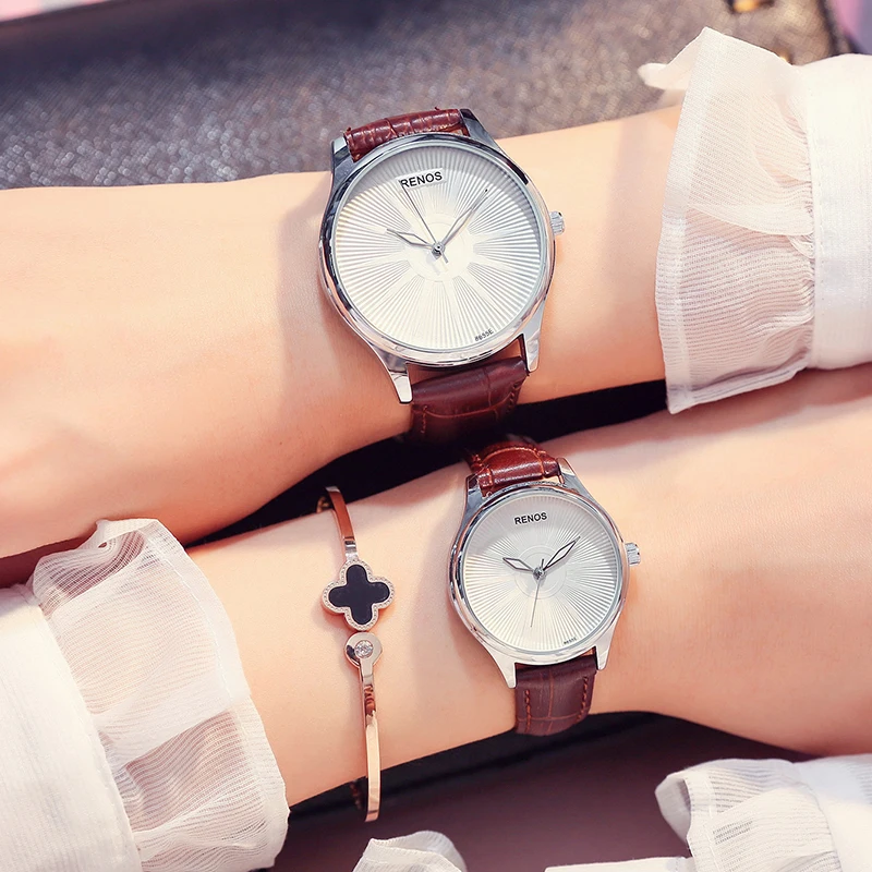 RENOS кварцевые часы женские в коробке простые Водонепроницаемые кожаные Наручные