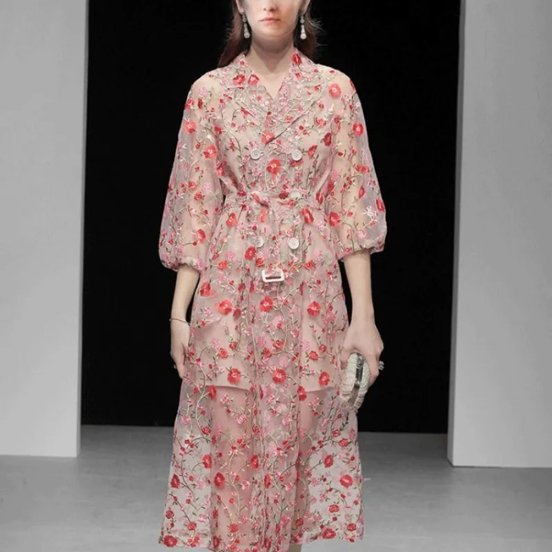 

2021 New arrive Runway summer Flower Embroidery Overlay Trench Dress Women Notched Collar Lantern Sleeve Belt Mesh Long Dress