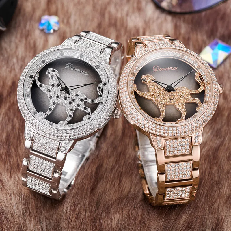 Женские часы с кристаллами Davena модные вращающимся леопардовым браслетом