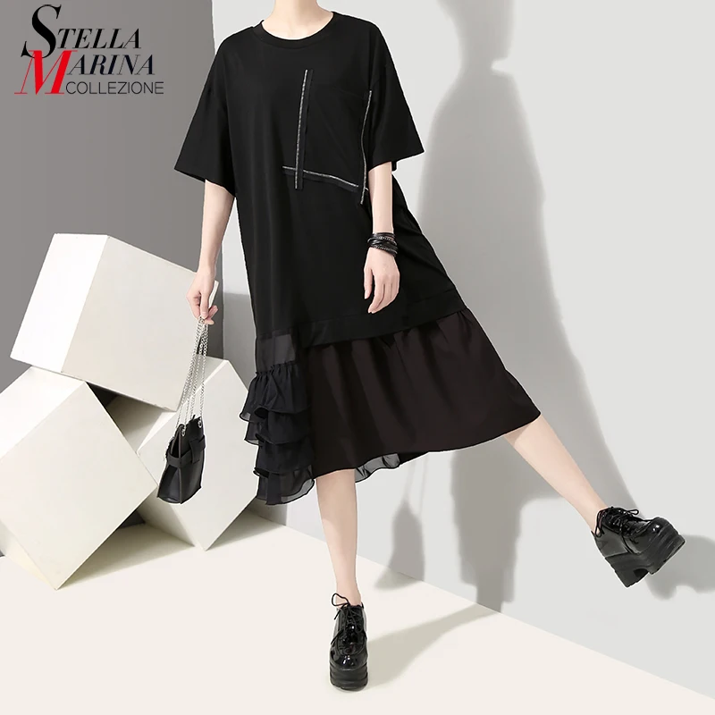 Женское платье-футболка средней длины однотонное черное свободное платье до