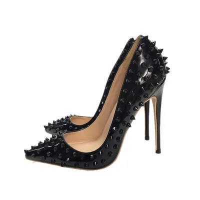 Black Pu 12cmHeel Veowalk/черные матовые женские туфли-лодочки на высоком каблуке с острым носком и заклепками в стиле панк; пикантные женские туфли-лодочки на шпильке с шипами; Женская Клубная обувь для вечеринок - Цвет: Black Pu 12cmHeel
