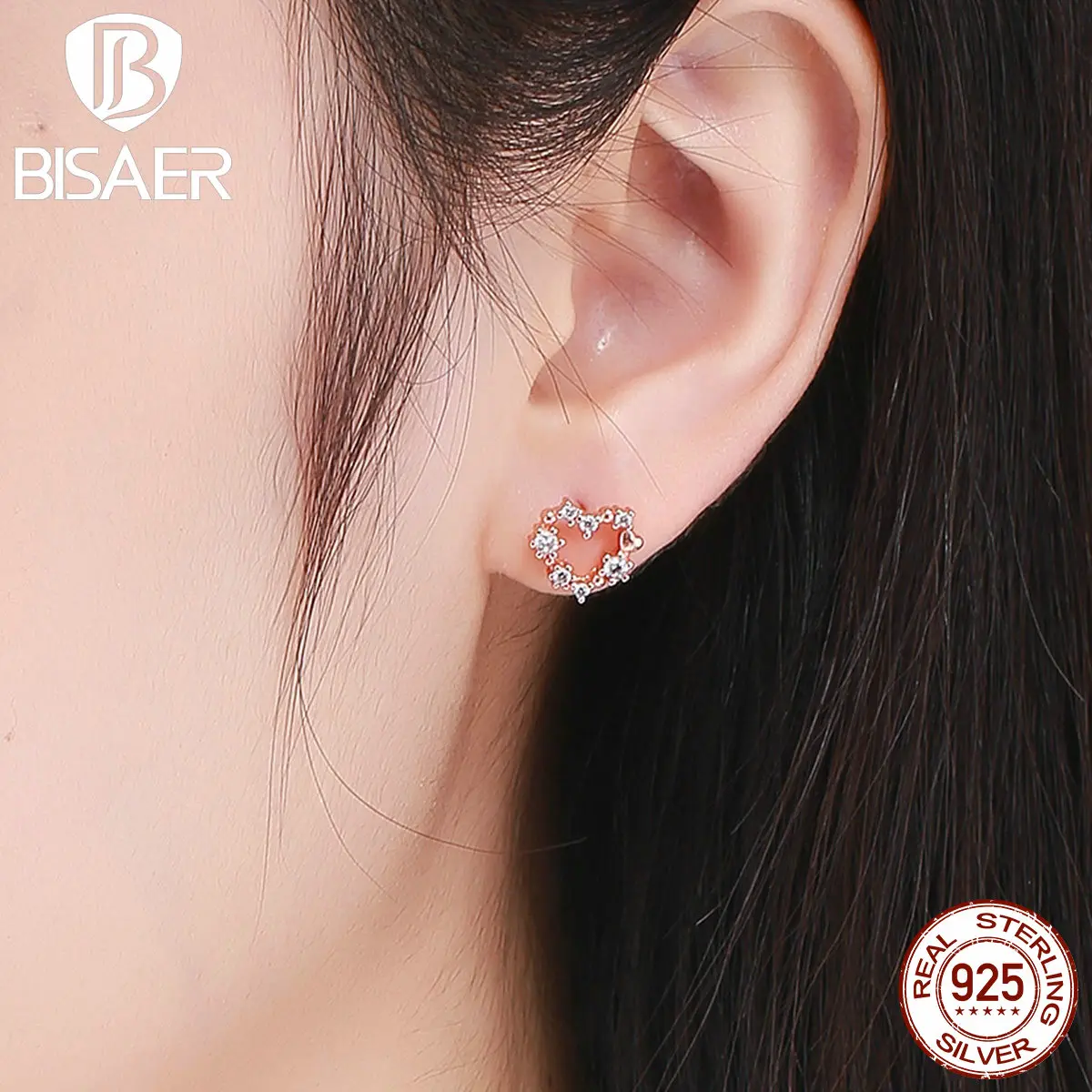 BISAER, 925 пробы, серебряные, прозрачные, CZ, розовое золото, блестящее сердце, серьги-гвоздики для женщин, вечерние, свадебные, серебряные украшения, серьги ECE575