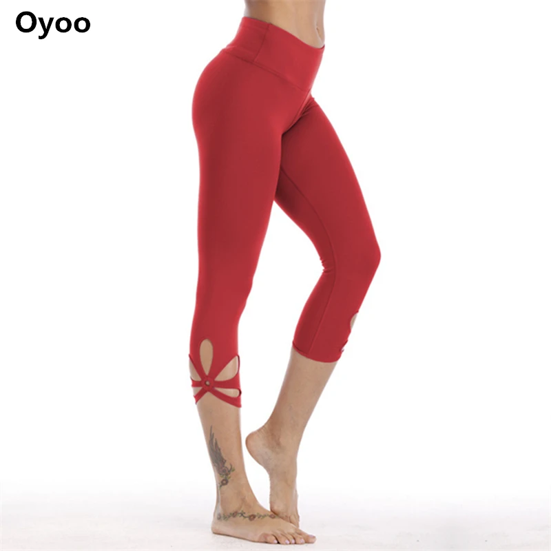 Женские спортивные Капри Oyoo красные капри с высокой талией для йоги вырезом на
