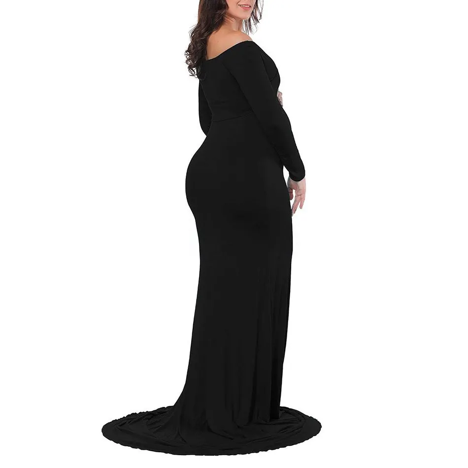 VOGUEON Women V Neck Maternity Dress Long Sleeve Ruched Maxi Photography Clothes Lady Mermaid Pregnant Baby Shower Evening Gown