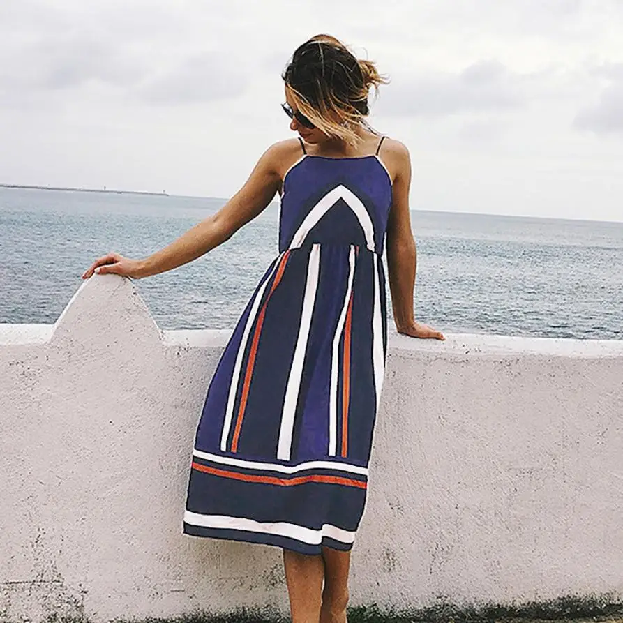 Летнее пляжное платье на бретельках для женщин с вырезом лодочкой Империя Цвет