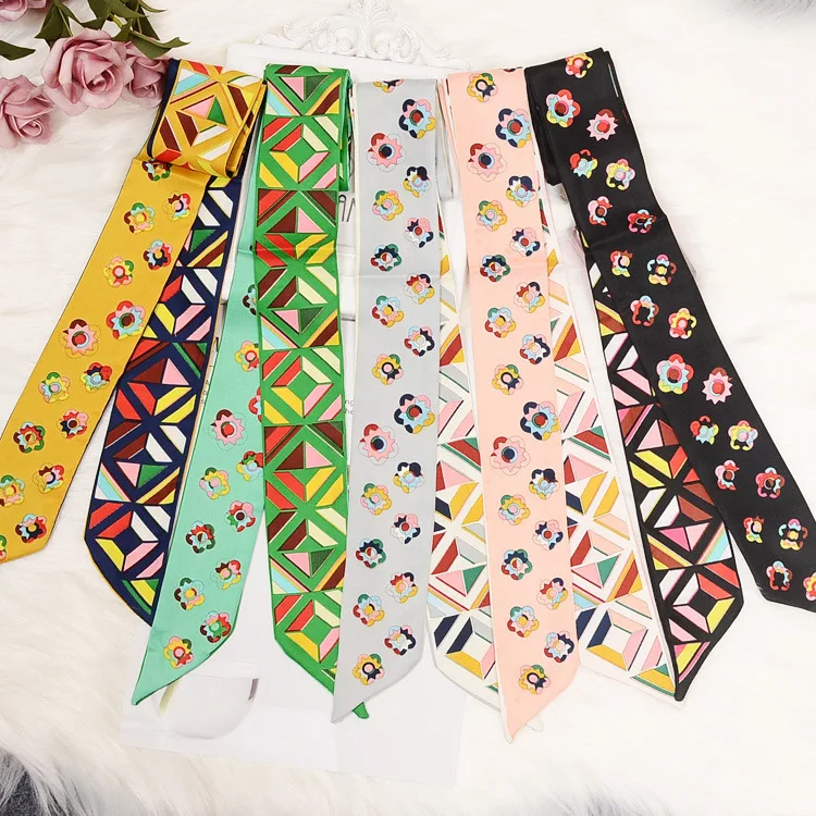 

115*5cm New Long Narrow Camellia Scarf Women Silk Head Scarf Brand Handle Bag Ribbons Magic Tie Ribbon Female Skinny Scarves