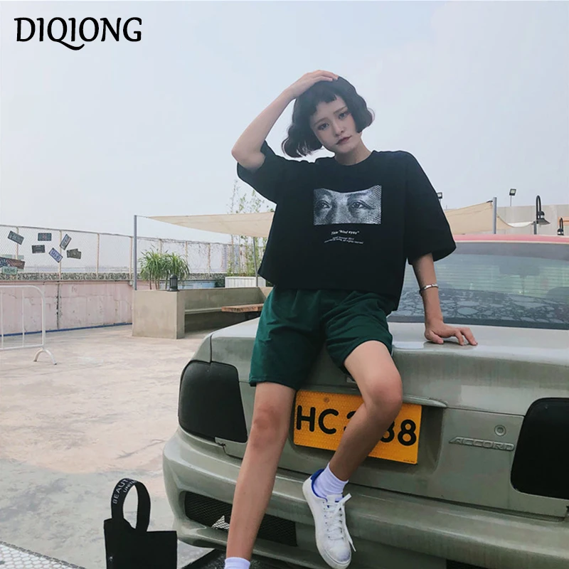 Diqiong футболки Забавный принт летняя футболка для женщин сплошная Топы с
