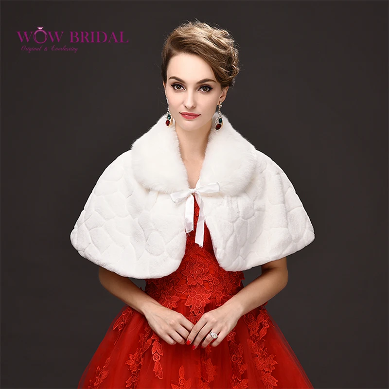 

Wowbridal 2021 Graceful Wedding Jacket Submissive Faux Fur Collar Printed Lace Up Shawl Bridal Coat Accessories PJ0066