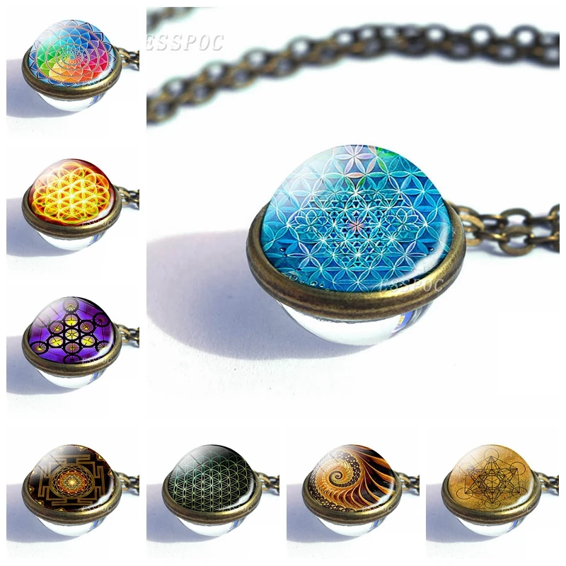 

New Style Women Fashion Necklace Sri Yantra Jewelry Flower of Life Mandala Photo Double Sided Necklace Buddhism Accessories