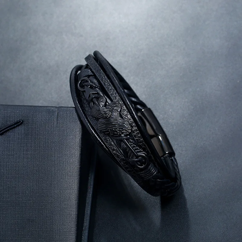 Cute Romantic Couple Black Stainless Steel Leather Bracelet Classic Style Men Simple Button | Украшения и аксессуары