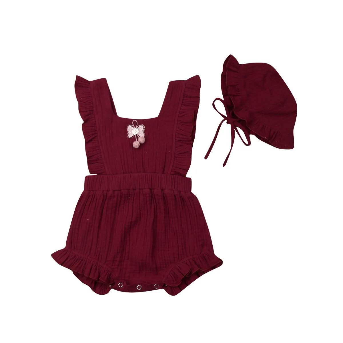 purplish red Г. летняя одежда для малышей комбинезон из хлопка для маленьких девочек+ шапки, 2 предмета, однотонный комбинезон без рукавов с оборками и цветочным принтом, одежда - Цвет: purplish red