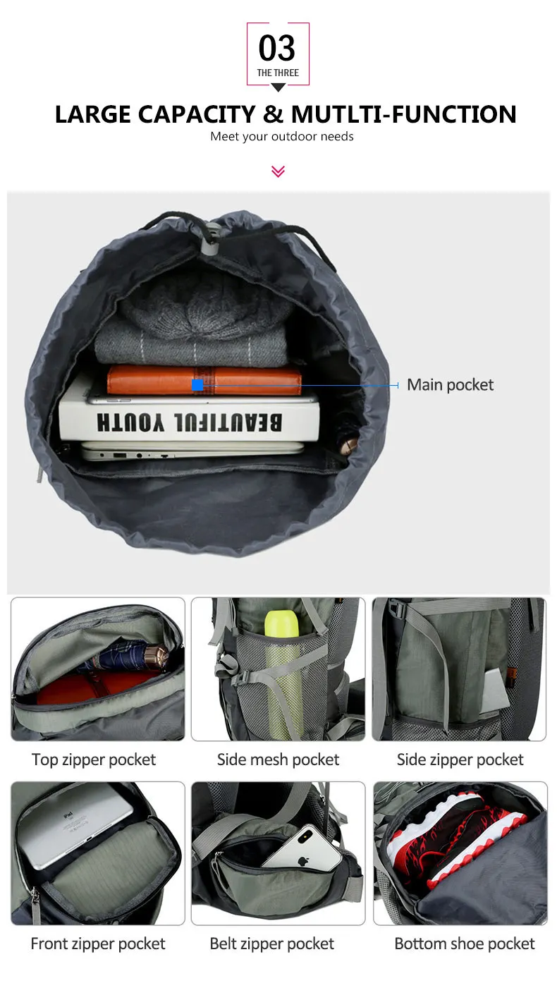 75L походные рюкзаки, походный рюкзак, спортивная сумка с дождевиком, для путешествий, альпинизма, мочила для похода на открытом воздухе XA726WA