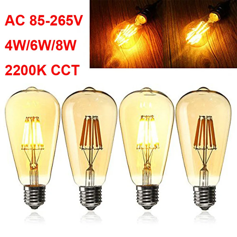 

ST64 Antique E27 LED Edison Filament Bulb 4W 6W 8W Golden Glass 2200K Extra Warm 110V 220V Retro Style 40W Edison bulb Replace
