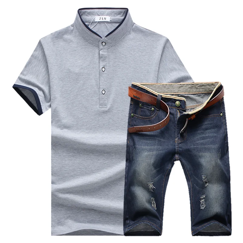 2019 summer fashion new men's casual stand collar short sleeve T-shirt denim cowboy sets / male tops shorts suits | Мужская одежда