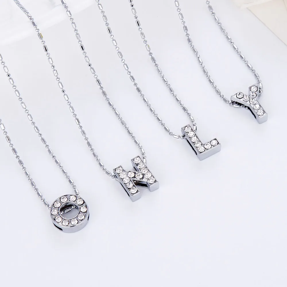 

LNRRABC New Fashion Design 26 Letters Personalized Crystal Silver Pendant Necklace Women Sweater Chain Best Friends Gift Jewelry