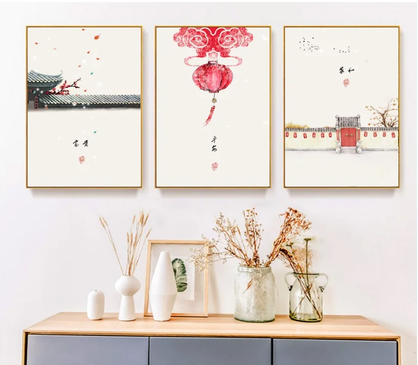 

OKHOTCN Modern Unframed New Chinese Ancient Ink 3 Pieces Wall Art Print Picture Canvas Painting Poster for Living Room