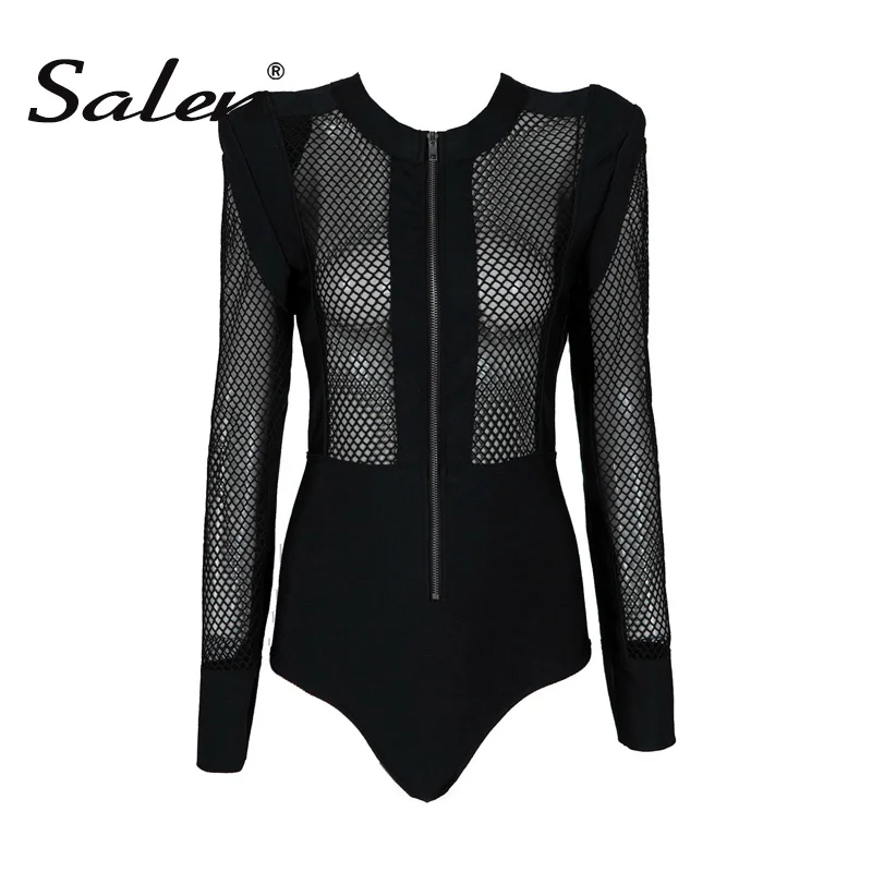 Beateen 2018 New Hollow Out Sexy O Neck Full Sleeve Romper Fashion Solid Zipper Mesh Fishing Net Bodycon Women Bandage Bodysuits | Женская