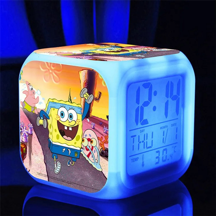 SpongeBob светодиодный Будильник 7 цветов светящийся большой экран цифровой детский будильник подарок на день рождения многофункциональные сенсорные часы