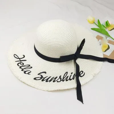 Персонализированная пляжная шляпа с вышивкой в виде букв Hello Sunshine, летняя соломенная шляпа для женщин, для медового месяца, морская широкополая шляпа - Цвет: Milk white