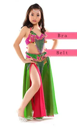 Green 2pcs Стиль, танцевальный костюм для живота, Детская Одежда для танцев, детский подарок для танца живота, индийский танец, 2 шт.-3 шт., бюстгальтер, пояс и юбка - Цвет: Green 2pcs