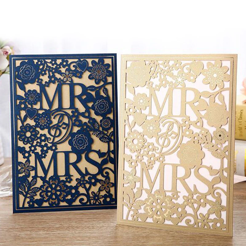Свадебные приглашения MR & MRS Laser Cut белые золотые красные синие элегантные