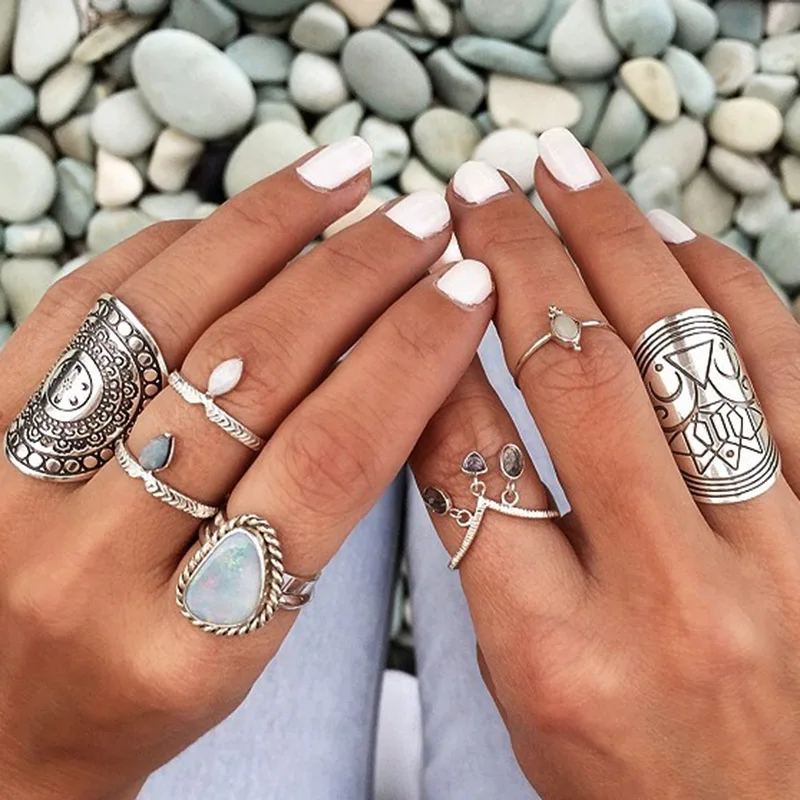 Европа богемное имитация тибетского серебра палец кольцо ширина цветок внешней