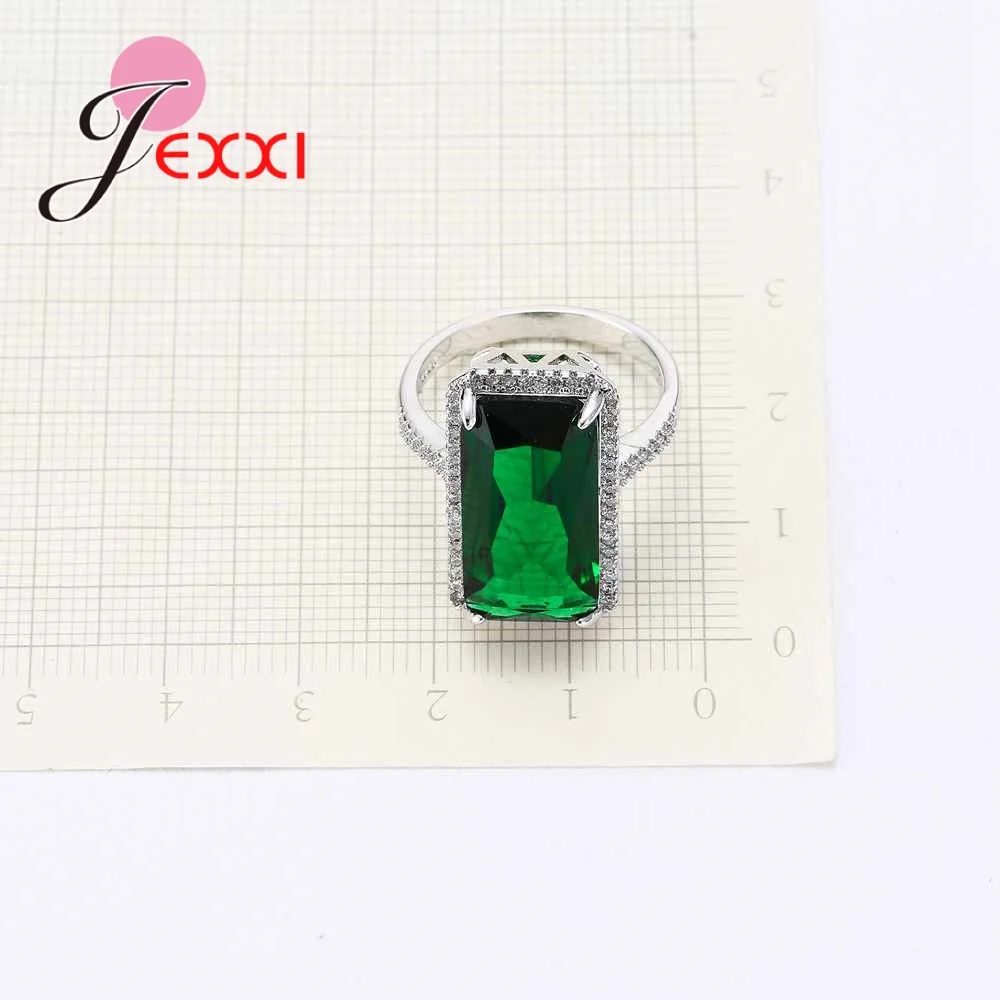 

New Big Rectangle Green Austrian Crystal Party Rings For Woman Gift Silver Bridal Wedding Jewelry Female Rings