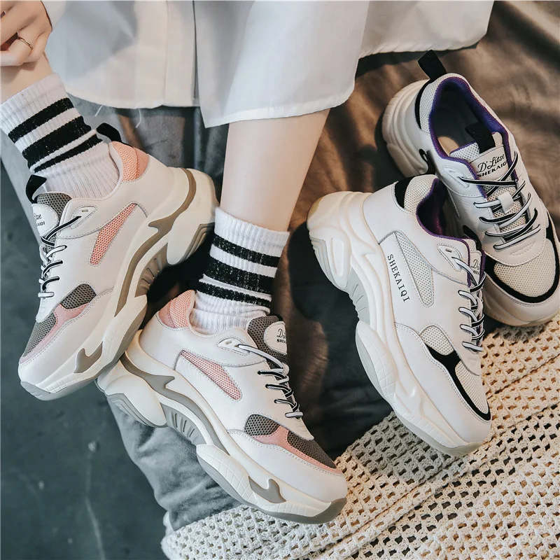

2019 New Fashion Breathable Mesh Women Casual Shoes Vulcanize Woman Fashion Sneakers Lace-up Soft High Leisure Shoes N1-42
