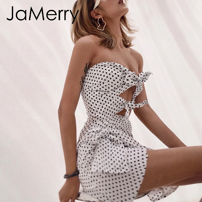 Женское винтажное короткое платье в горошек JaMerry белое мини с бантом летнее