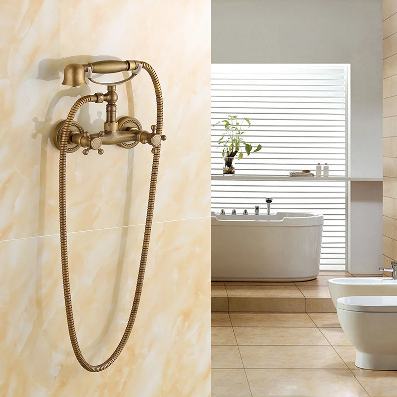 Настенный кран смеситель для ванной и душа Набор Винтажный старинный латунный