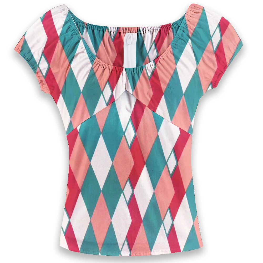 Женская винтажная блузка с коротким рукавом круглым вырезом и молнией сзади|women